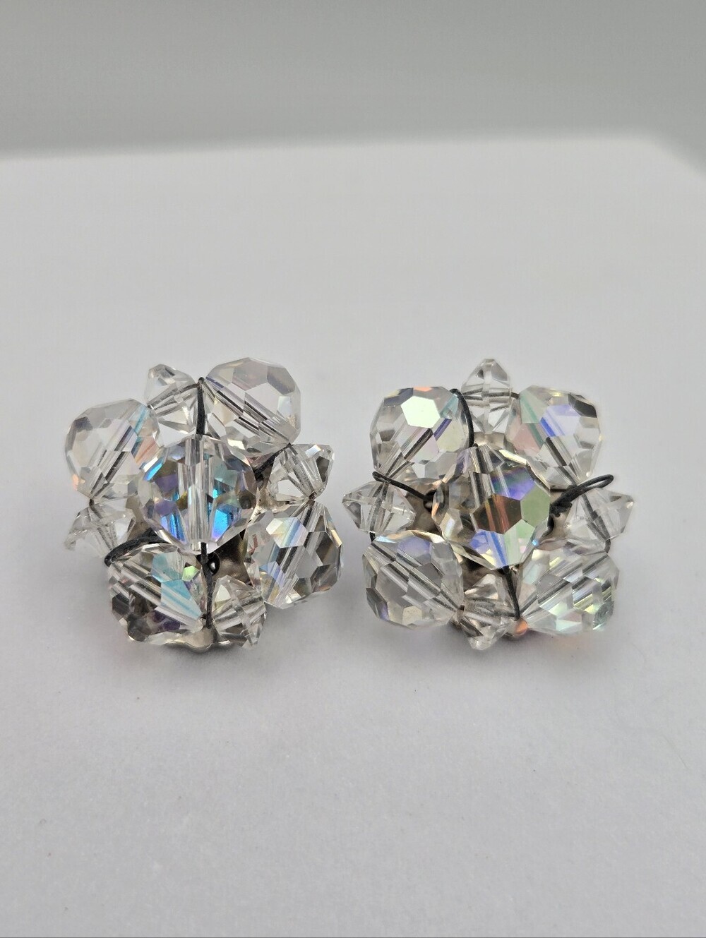 Vintage Aurora Borealis Crystal Cluster Clip-On Earrings AB Rhinestone 50s 60s